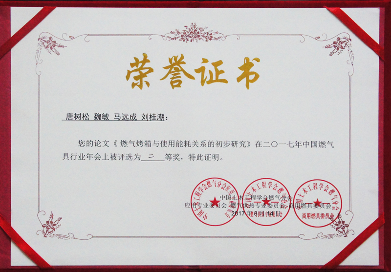 中國燃?xì)夥謺撐亩泉?jiǎng)證書
